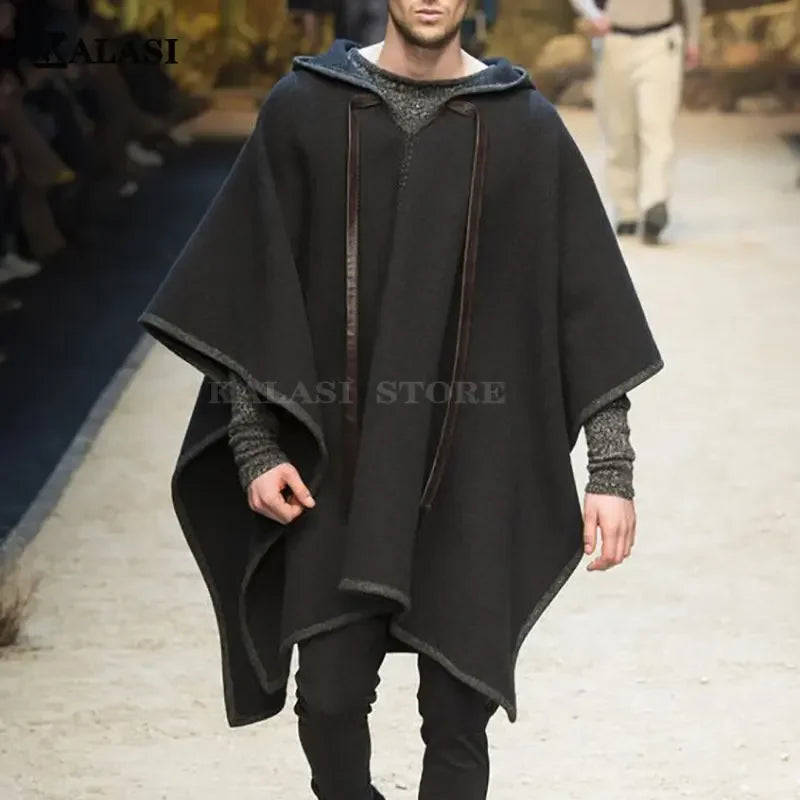 Herren Hoodie Poncho Schwarz mit Kordelzug