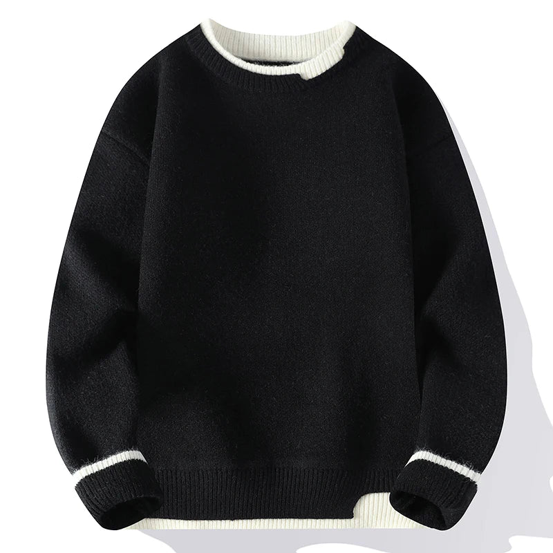 Unisex Two-Tone Crew-Neck Knit Sweater Pink Beige Black Gray Khaki Blue