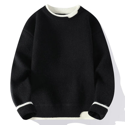 Unisex Two-Tone Crew-Neck Knit Sweater Pink Beige Black Gray Khaki Blue