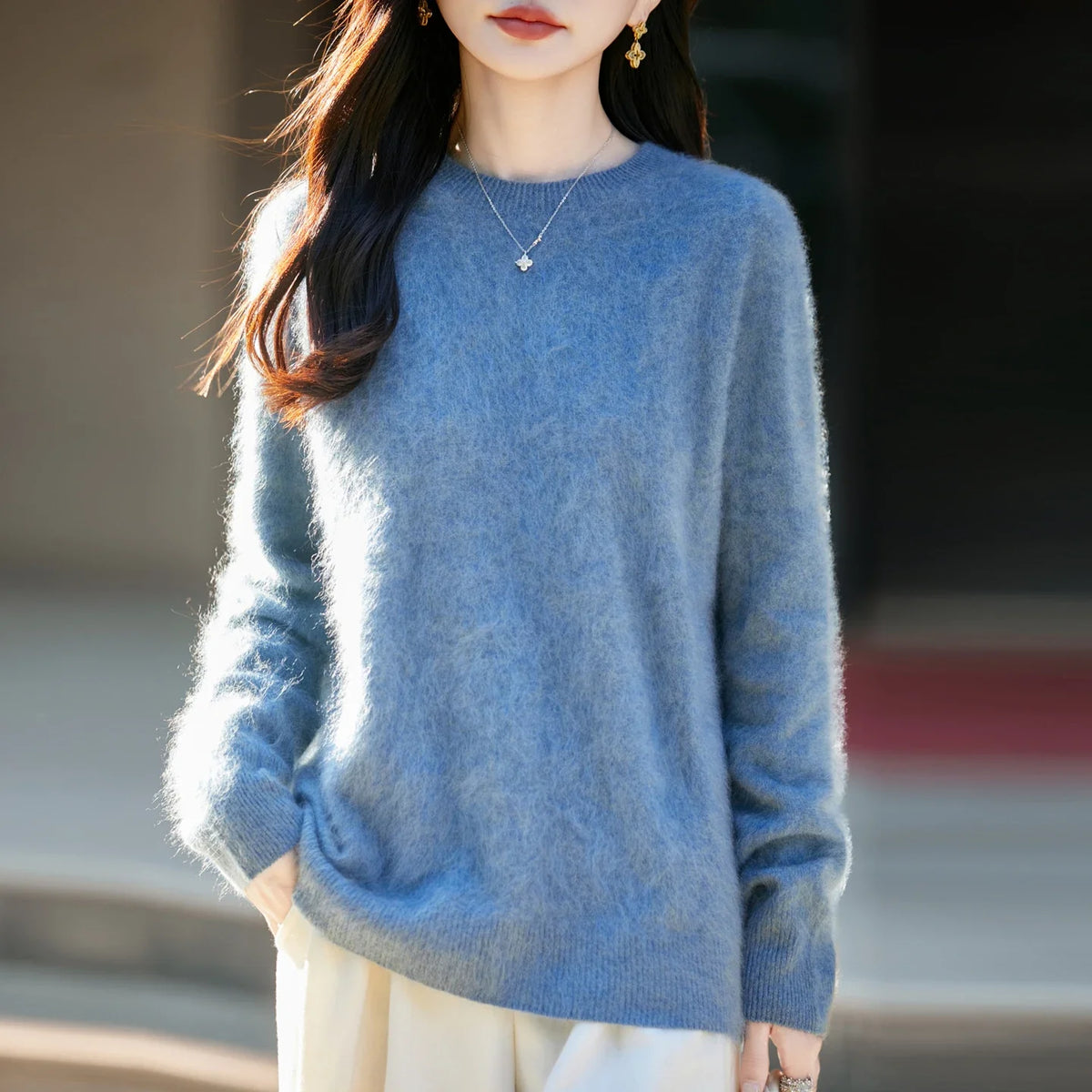 Women's soft fine-knit crew-neck long-sleeve sweater