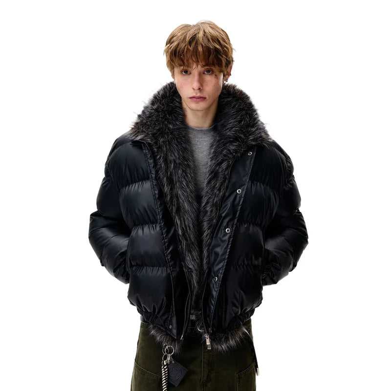 Men's black quilted jacket with faux fur collar, bomber jacket style