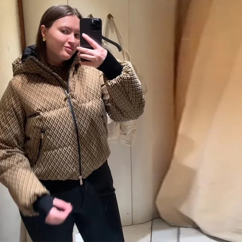 Women's loungewear set with stand-collar top, trousers, and padded jacket - brown diamond pattern