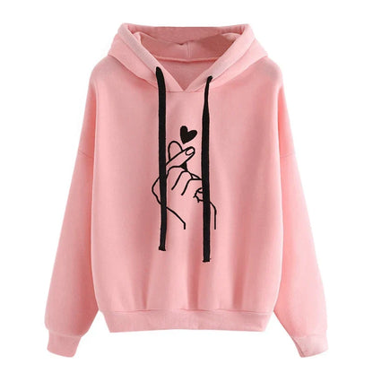 Women's hoodie with hood & drawstring, heart finger print, loose fit
