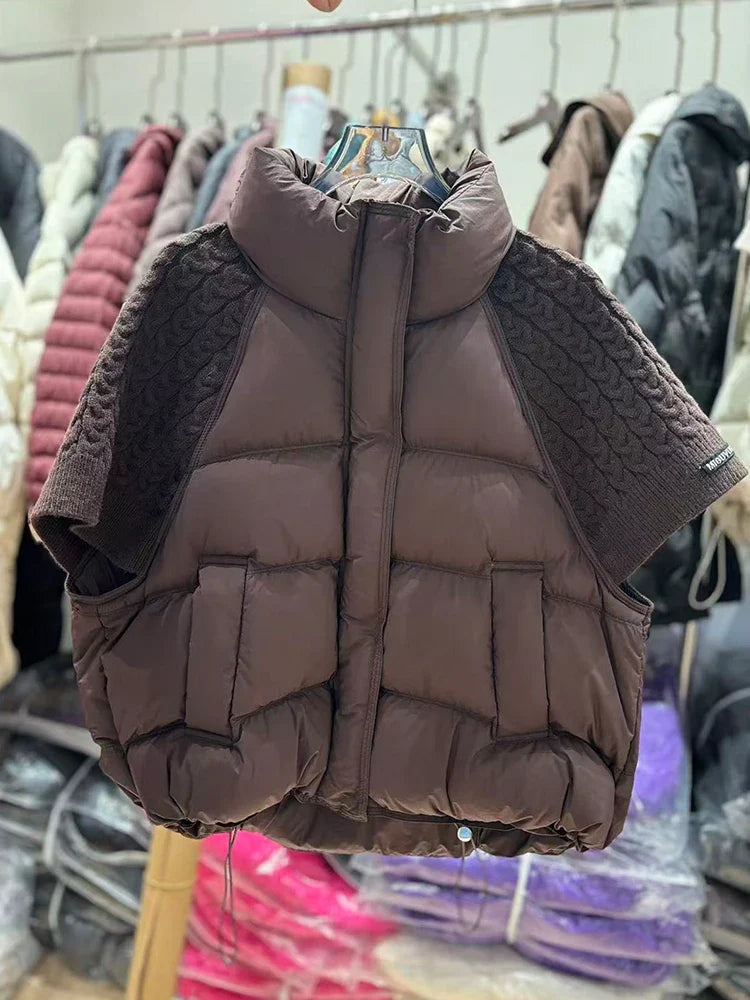 Women's Short-Sleeve Quilted Vest with Knitted Sleeves Black