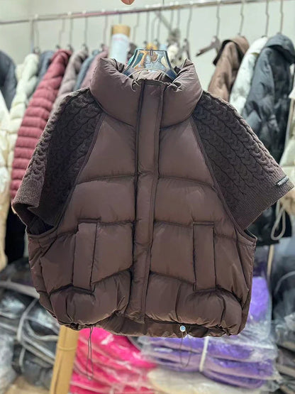 Women's Short-Sleeve Quilted Vest with Knitted Sleeves Black