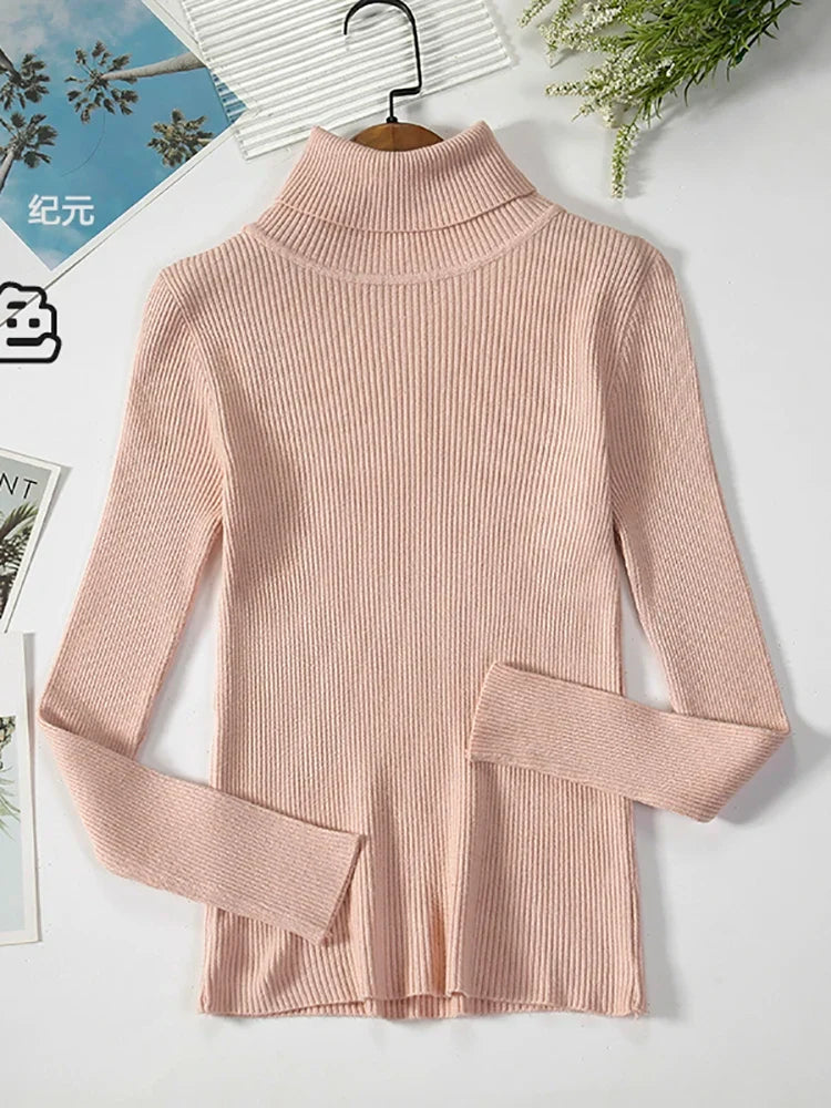 Ribbed women's basic long-sleeved turtleneck sweater