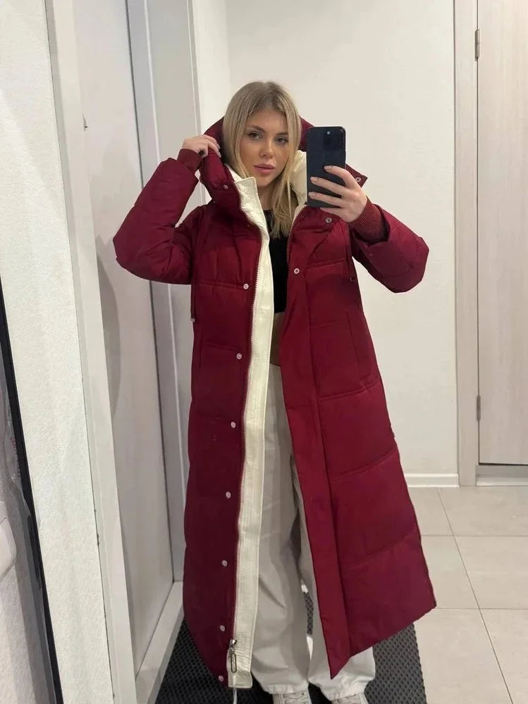 Long quilted coat with hood in red-burgundy