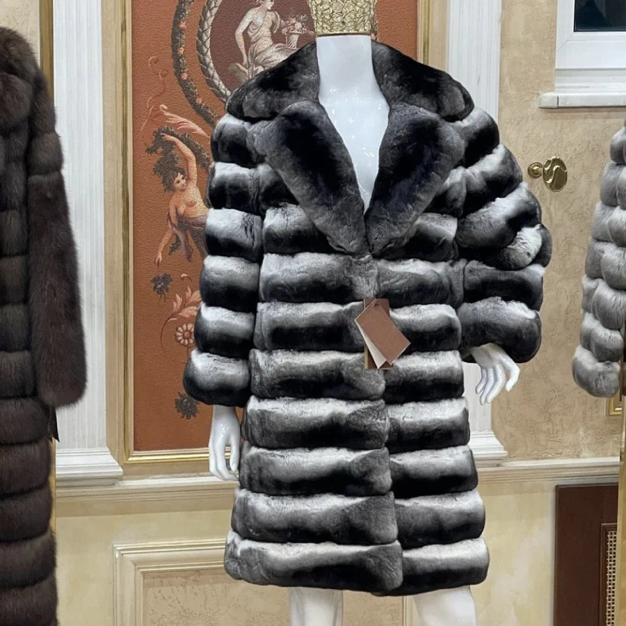 Women's Faux Fur Coat with Wide Collar and Striped Pattern
