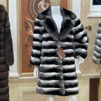 Women's Faux Fur Coat with Wide Collar and Striped Pattern