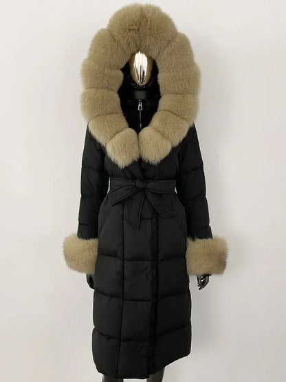 Women's quilted winter down coat with faux fur trim and belt