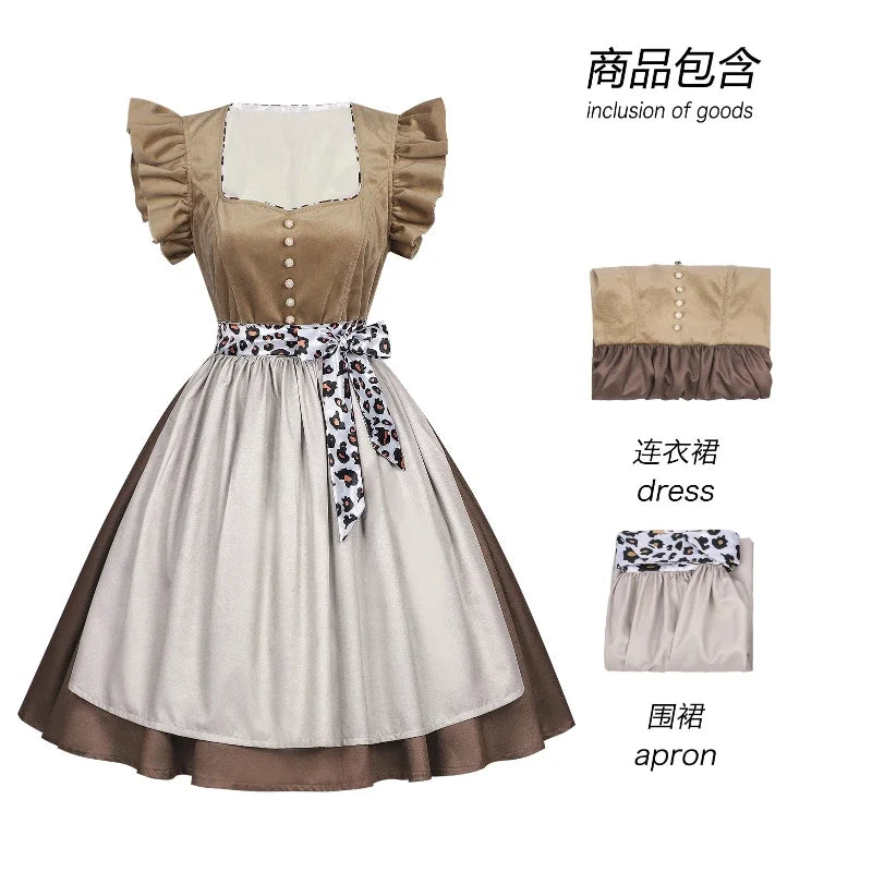 Damen Dirndl Kleid Braun Beige mit Schürze und Leopardenmuster-Band