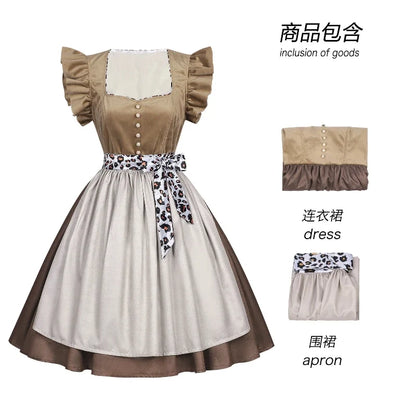 Damen Dirndl Kleid Braun Beige mit Schürze und Leopardenmuster-Band