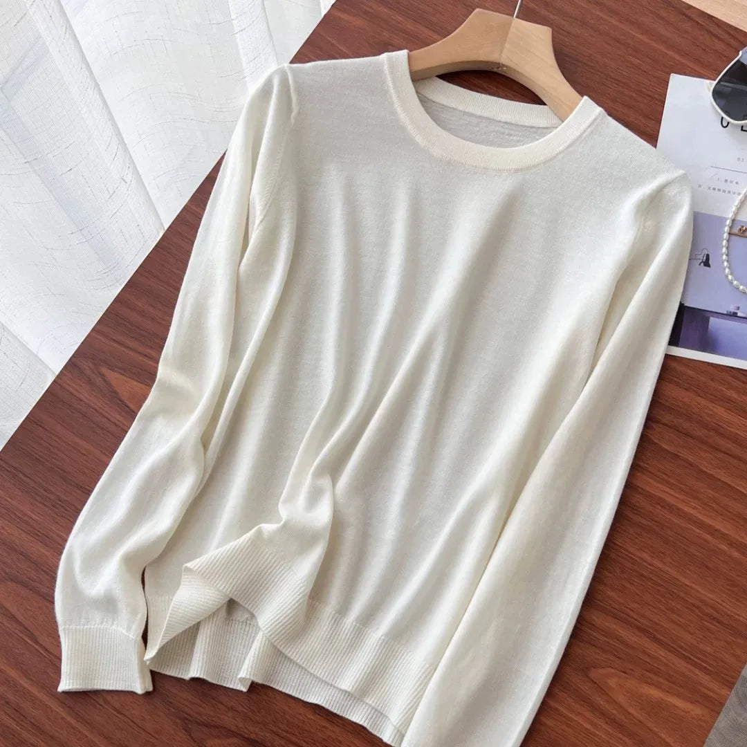 Women's fine-knit crew-neck long-sleeve basic sweater