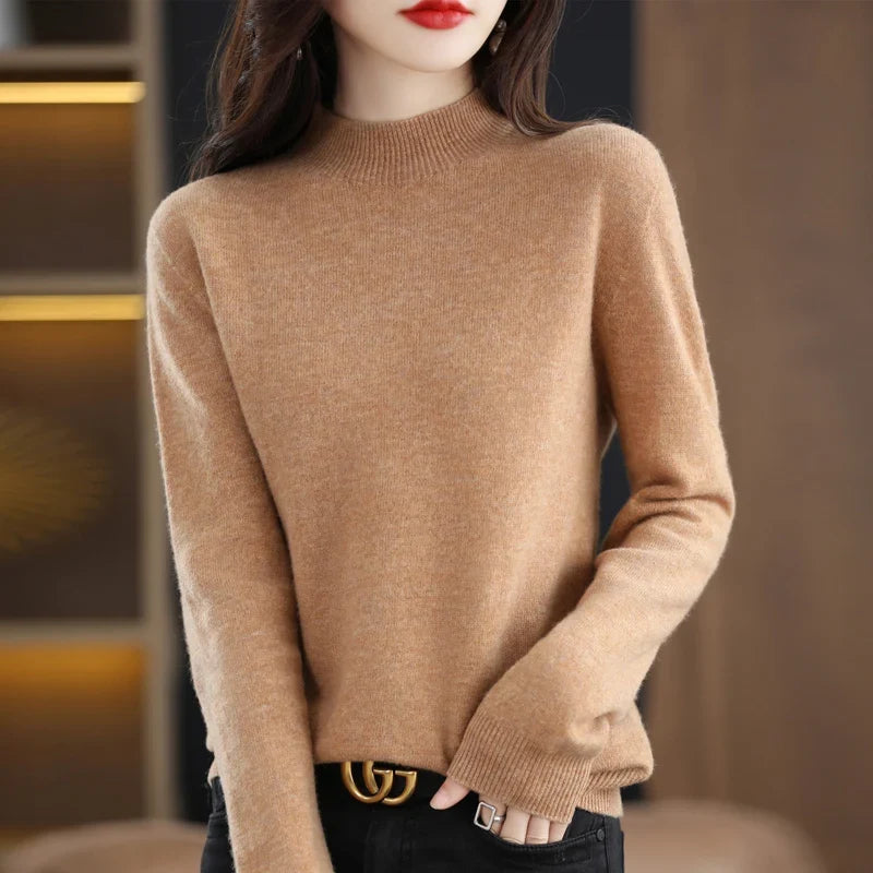 Women's sweater with stand-up collar, long-sleeved, fine-knit basic top