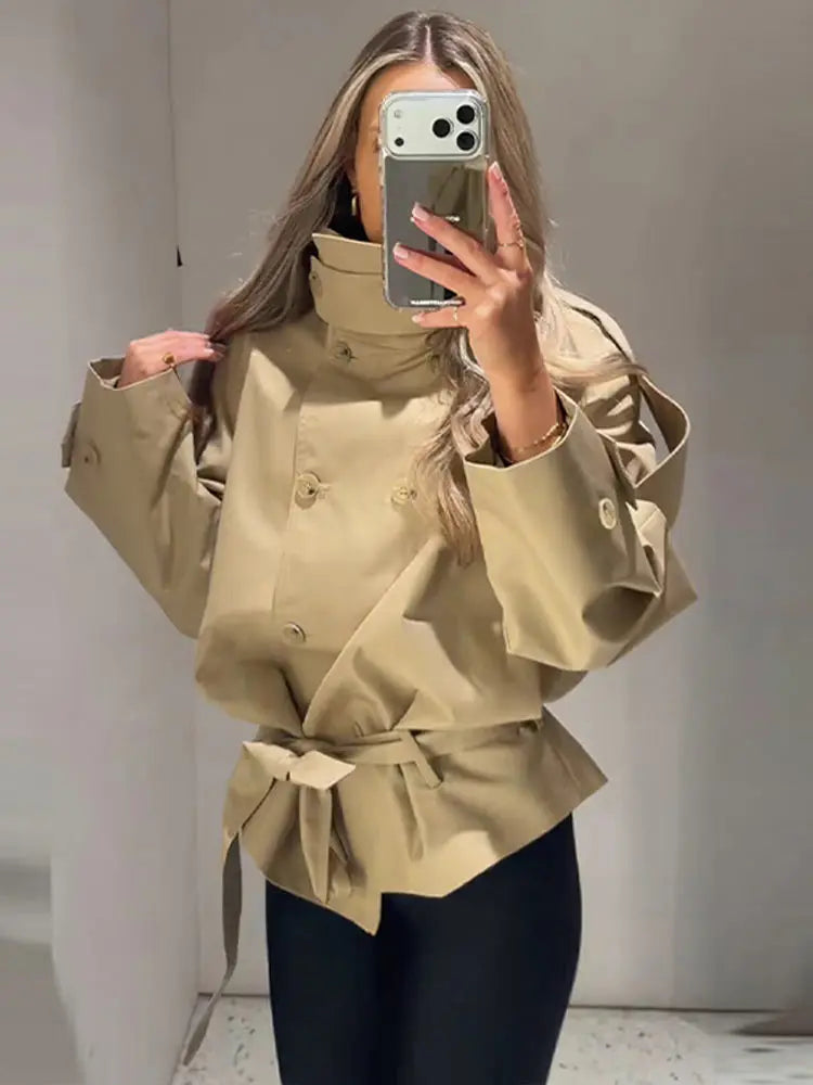 Damen Kurzmantel Jacke Beige Doppeltreiher Wickelgürtel Stehkragen