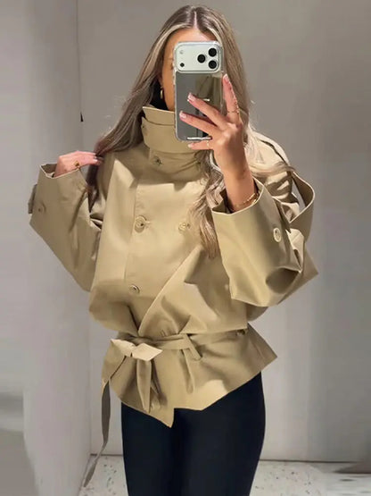 Damen Kurzmantel Jacke Beige Doppeltreiher Wickelgürtel Stehkragen