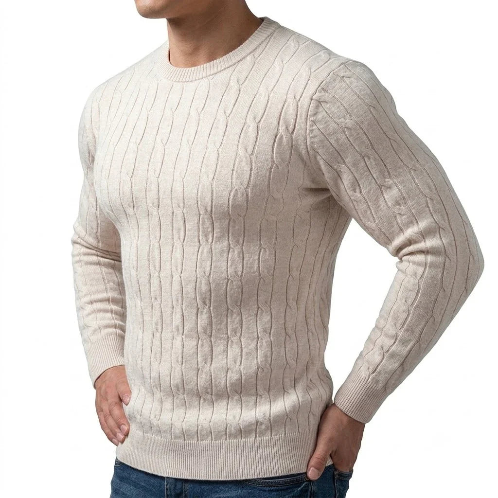 Herren Pullover Rundhals Zopfmuster Langarm Strickpullover