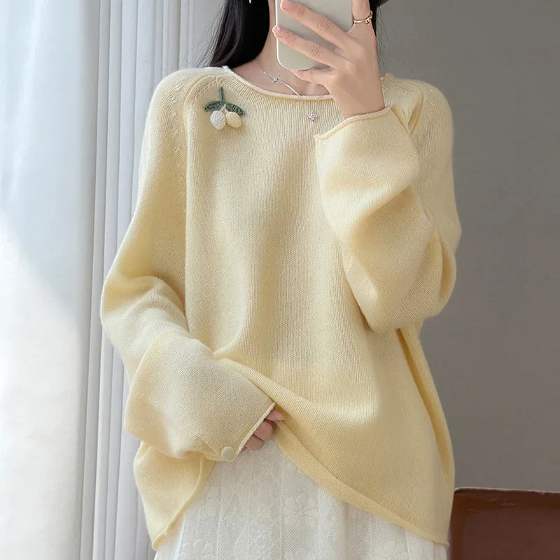 Women's Crew-Neck Long-Sleeve Sweater with Fruit Appliqué and Soft Knit