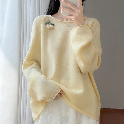 Women's Crew-Neck Long-Sleeve Sweater with Fruit Appliqué and Soft Knit