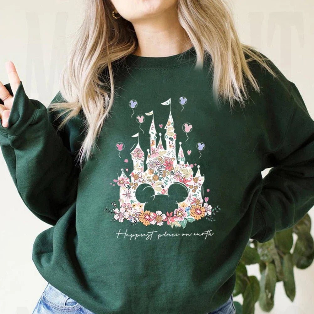 Damen Sweatshirt mit Blumen Schloss Druck & Mickey Motiv Rundhals