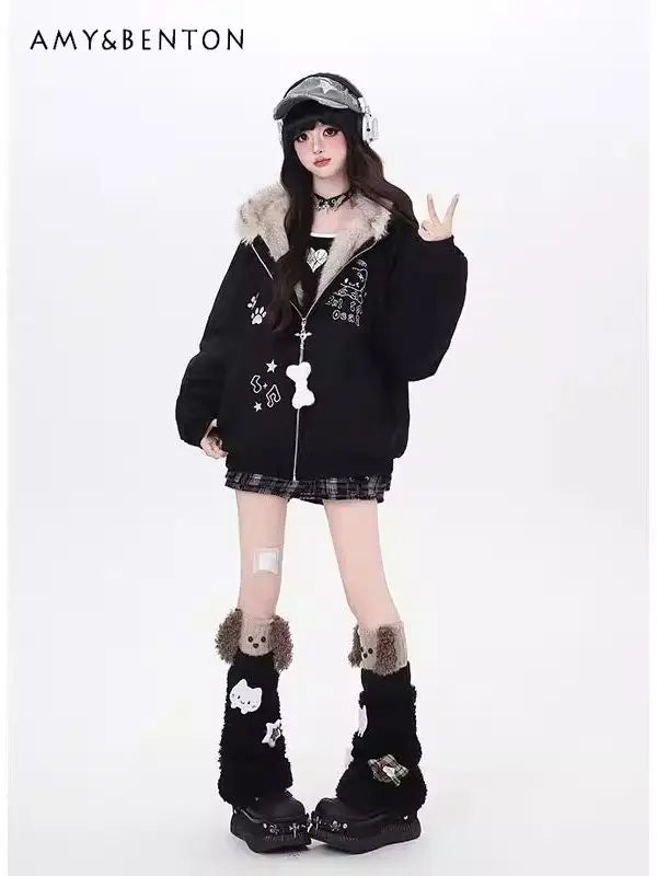 Women's winter jacket with cat ears, hood and fur trim, relaxed fit