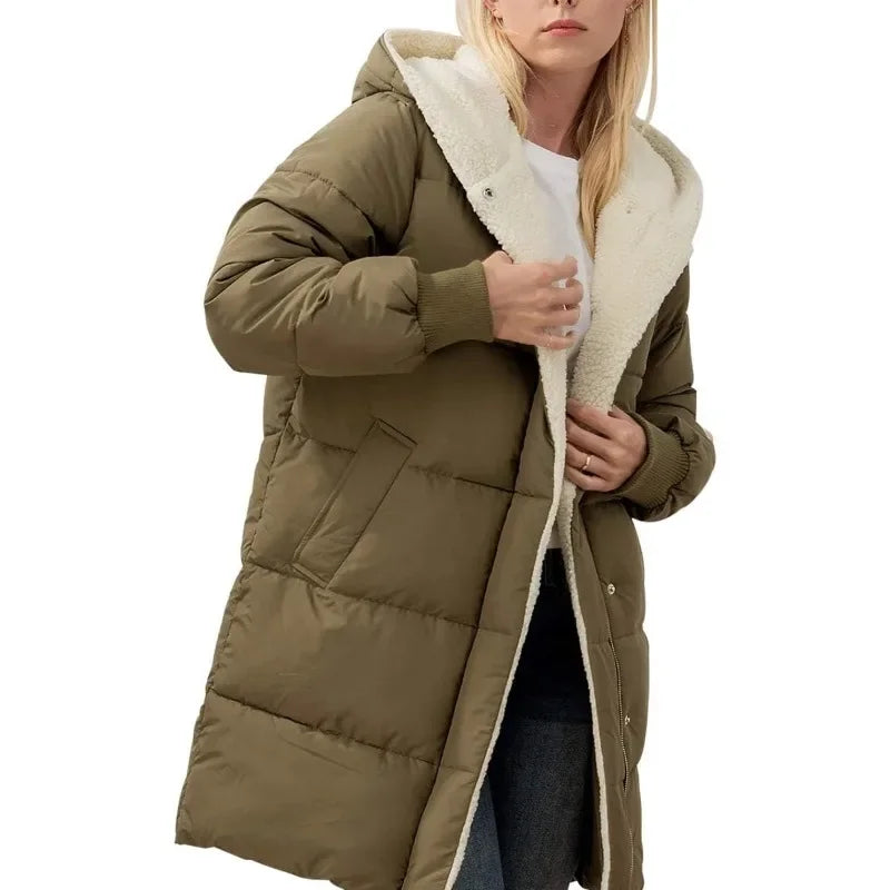 Damen Winter Steppmantel mit Kapuze & Teddyfutter Lang