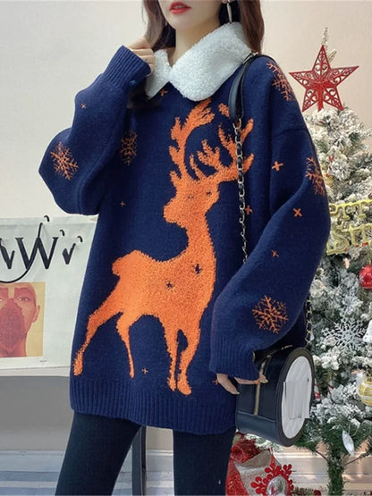 Women's Christmas sweater with deer motif, crew neck, and teddy fleece collar, long sleeves