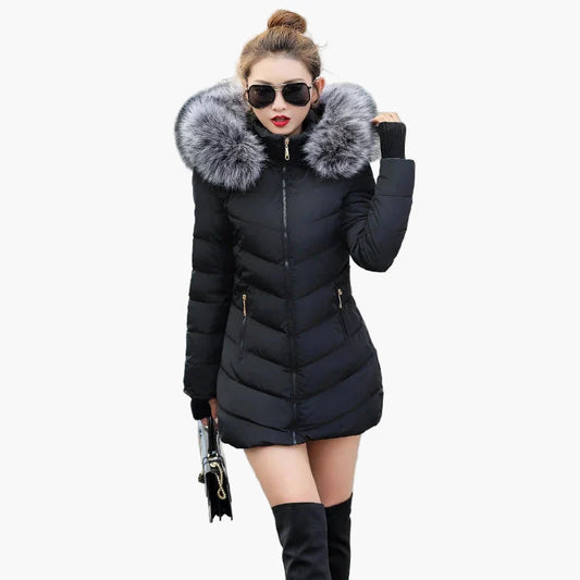 Women's winter quilted coat with hood and faux fur collar – elegant outdoor parka for cold days
