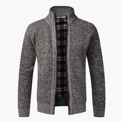 Herren Strick-Cardigan mit Stehkragen und kariertem Innenfutter – modische Freizeitjacke