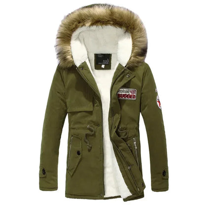 Men's winter parka with hood, faux-fur lining & patches, khaki