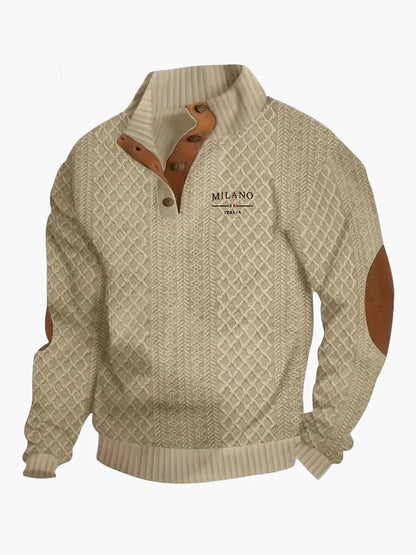 Men's Milano Italy knitted sweater in vintage style with button placket and elbow patches – perfect for leisure and everyday wear