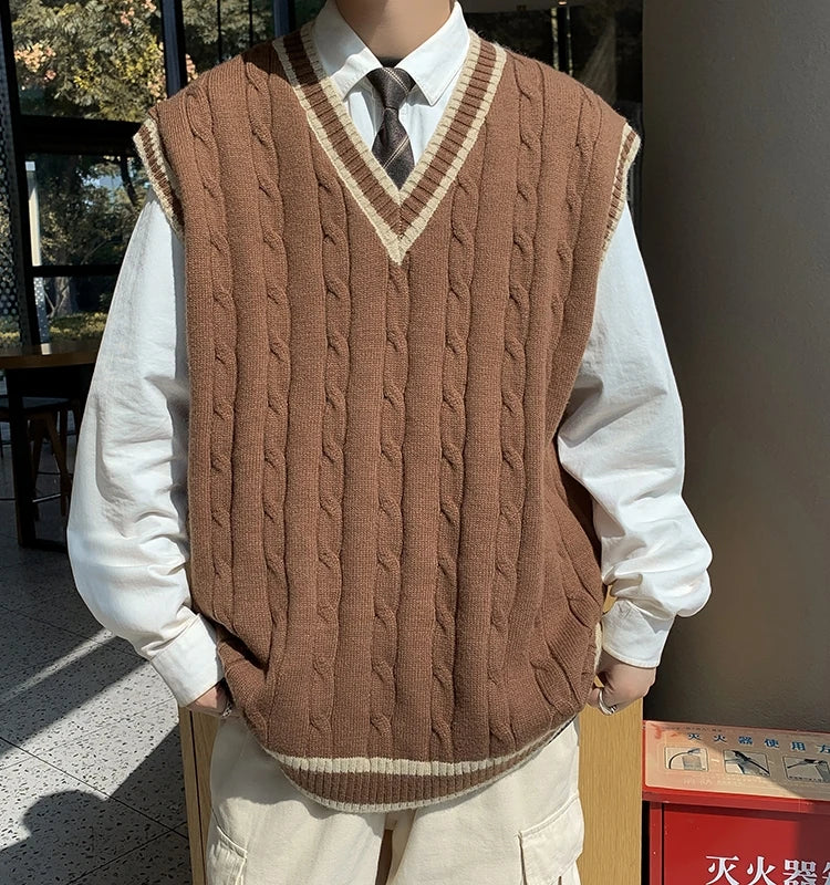 Unisex Strickweste V-Ausschnitt Zopfmuster College-Stil