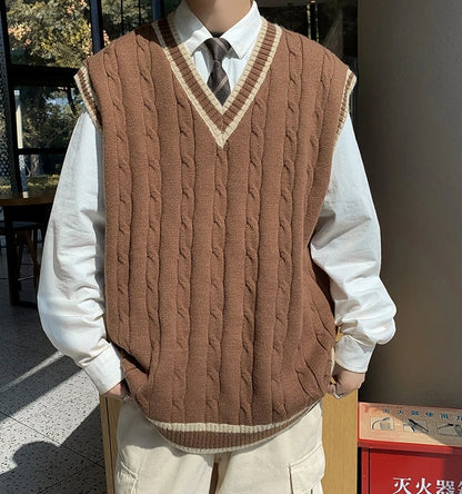 Unisex Strickweste V-Ausschnitt Zopfmuster College-Stil