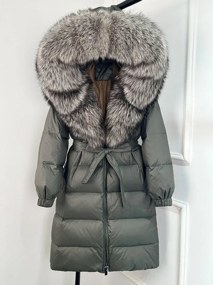 Women's black down coat with fur hood, long winter coat, belt, warm jacket