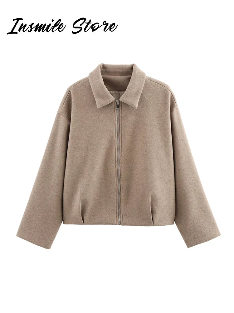 Kurze Damen Übergangsjacke mit Reißverschluss, Kragen und langen Ärmeln