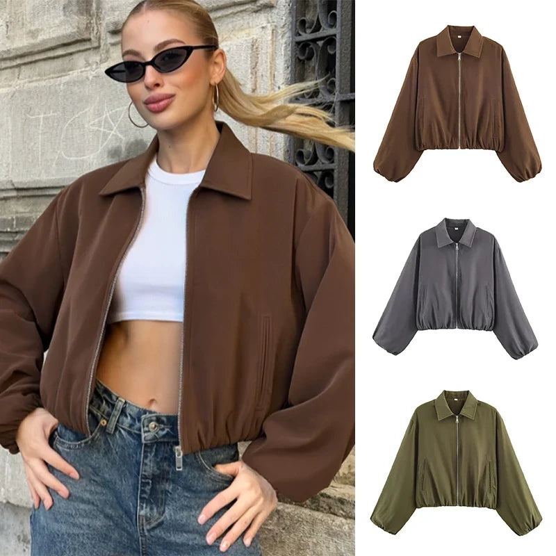 Women's cropped bomber jacket with zipper & collar