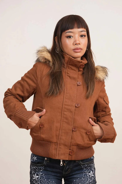 Women's Bomber Jacket with Hood and Faux Fur in Various Colors