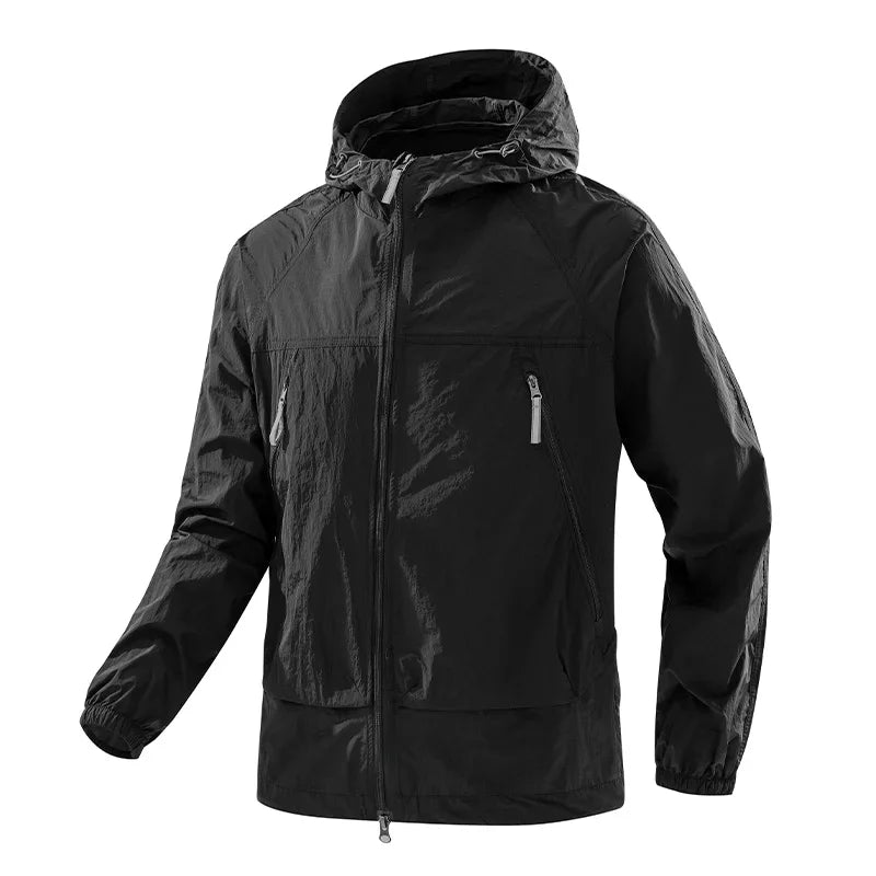 Lightweight hooded windbreaker jacket with zipper, for outdoor use