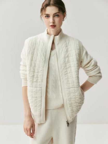 Women's quilted vest with a knit look, zipper, and stand-up collar, cream white