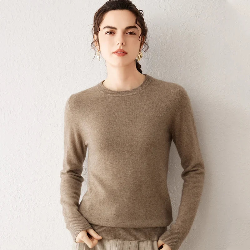 Women's crew-neck long-sleeve basic knitted sweater, cozy pullover