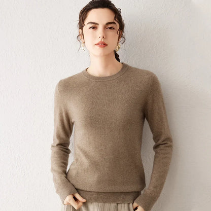 Women's crew-neck long-sleeve basic knitted sweater, cozy pullover