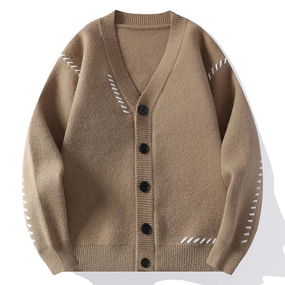 Unisex Strickjacke V-Ausschnitt Strick Cardigan mit Kontrastnähten Grün