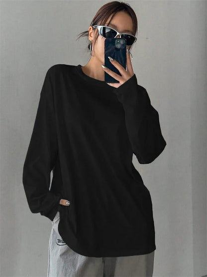 Women's oversized long-sleeve shirt, crew neck, black and white basic long-sleeve top