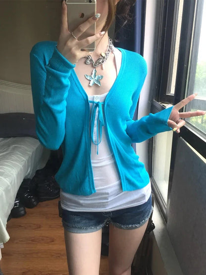 Women's rib-knit cardigan in turquoise with long sleeves and V-neck
