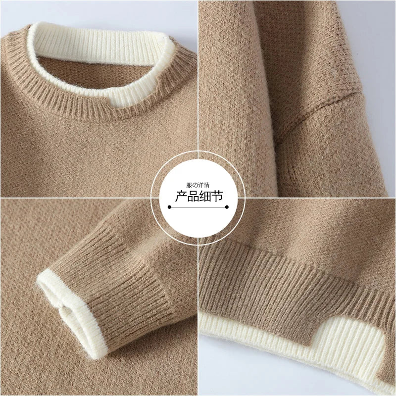 Unisex Two-Tone Crew-Neck Knit Sweater Pink Beige Black Gray Khaki Blue