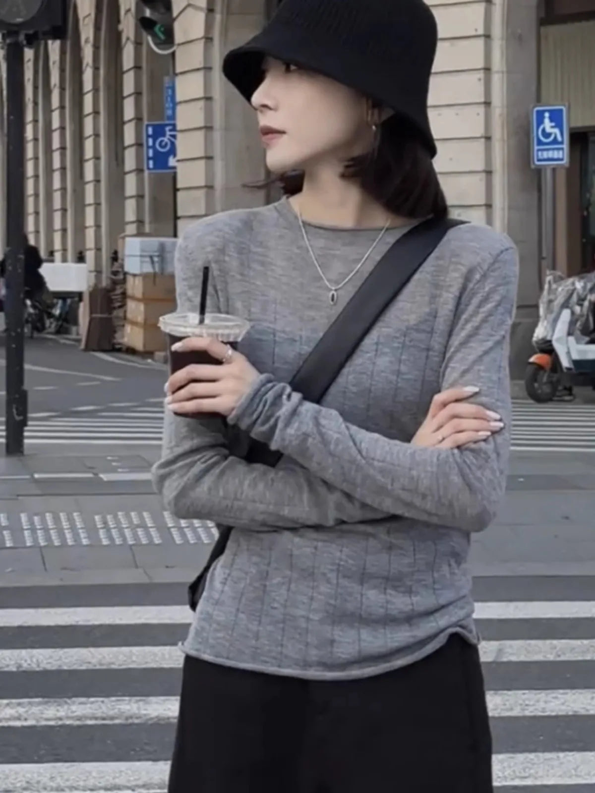 Women's Ribbed Long-Sleeved Shirt, Gray, Crew Neck, Stretch Look, Slim Fit