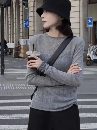 Women's Ribbed Long-Sleeved Shirt, Gray, Crew Neck, Stretch Look, Slim Fit