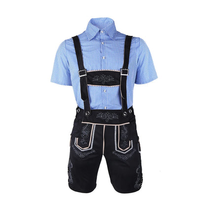 Men’s traditional outfit: lederhosen, shirt, hat, quilted details, various colors