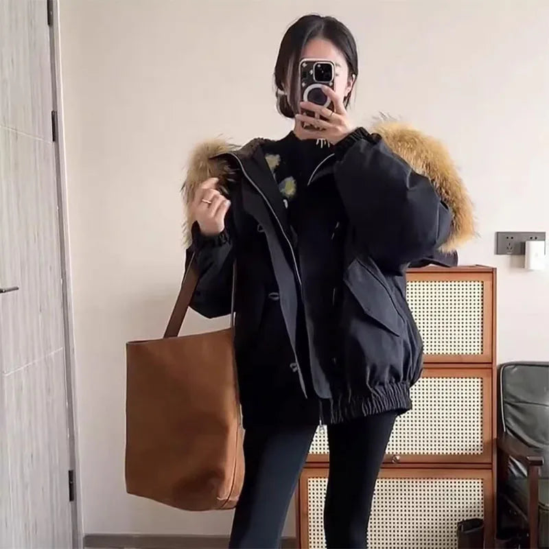 Women's quilted jacket with faux fur hood & toggle buttons