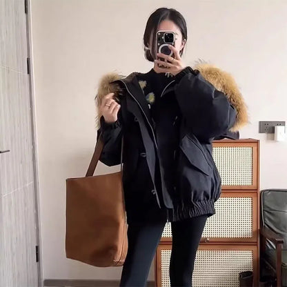 Women's quilted jacket with faux fur hood & toggle buttons